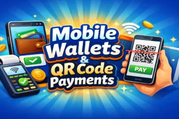 Illustration of mobile wallet apps and QR code payment system on smartphones, showing contactless digital payment technology