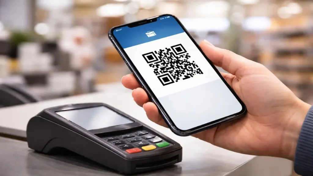 A person holds a smartphone displaying a QR code in front of a payment terminal, indicating a contactless digital payment at a retail checkout.
