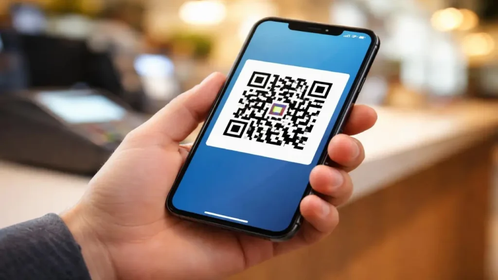 A person holding a smartphone displaying a QR code on the screen, ready to be scanned for payment at a checkout counter.