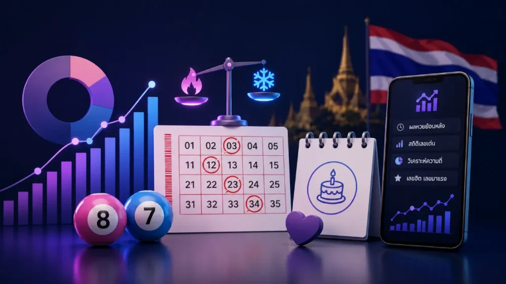 Thai lottery frequency analysis showing hot and cold numbers, number selection, personal dates, and digital trend tracking tools.